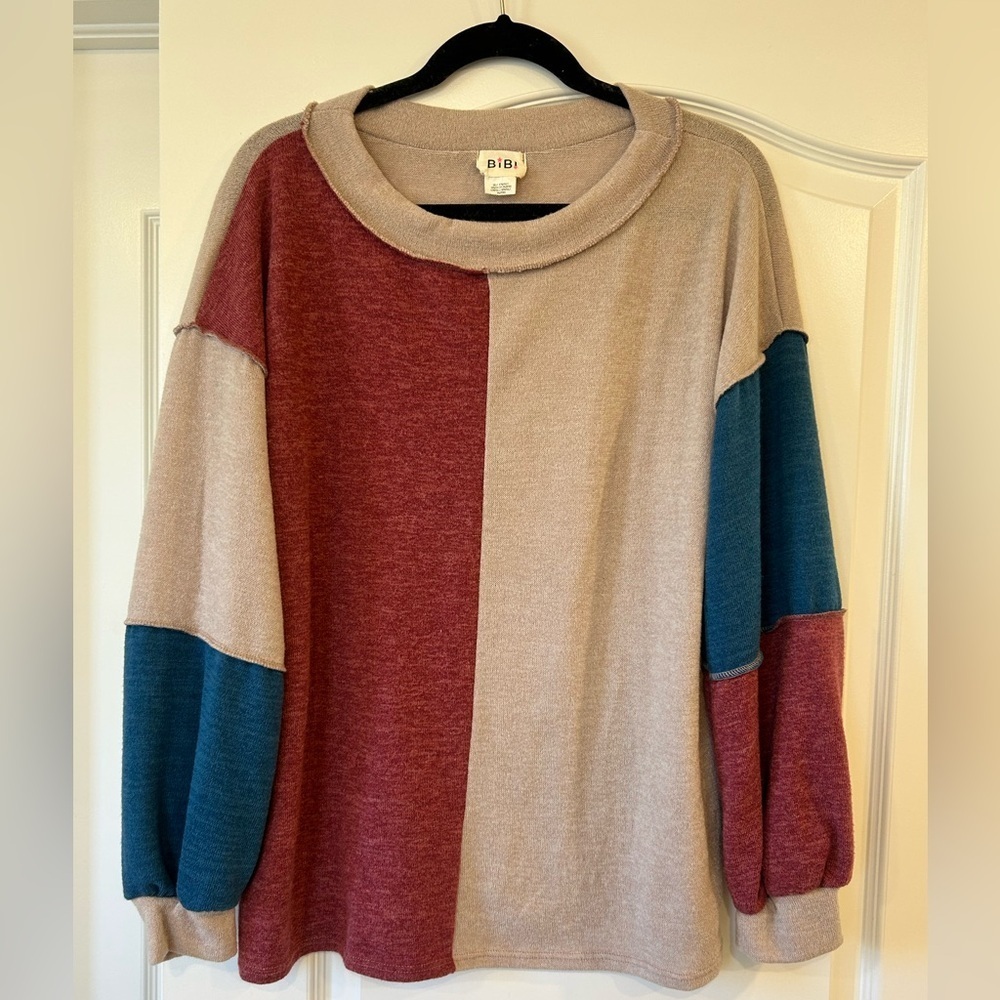 EUC BiBi Oversized French Terry Color Block Pullover Sweatshirt - Picture 1 of 6
